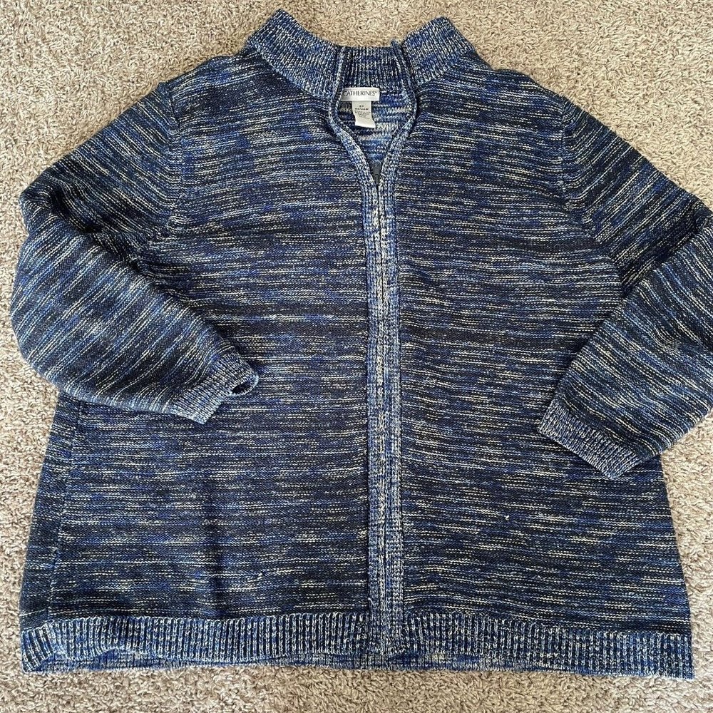 Catherines Womens Marled Crochet Knit Sweater Jacket 2X Zip Up 3/4 Sleeve Blue